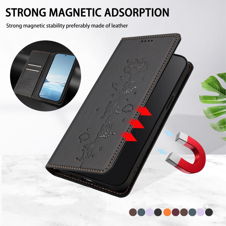 For Ulefone Note 16 Pro Cute Cats Embossed Magnetic RFID Vegan Leather Phone Case