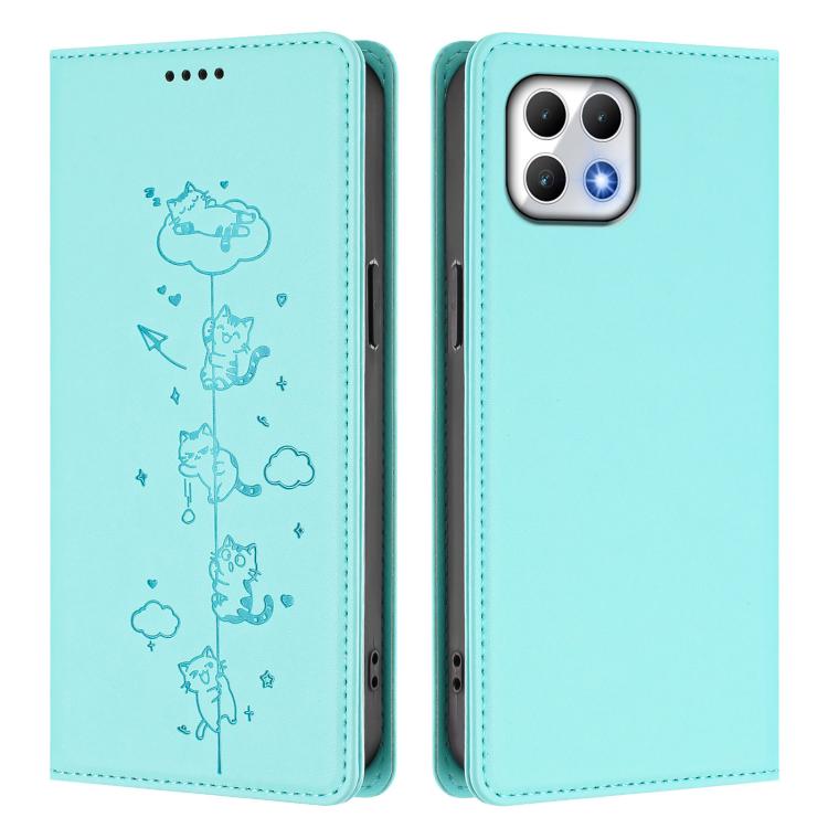 For T-Mobile REVVL 7 5G / T Phone 2 5G Cute Cats Embossed Magnetic RFID Vegan Leather Phone Case