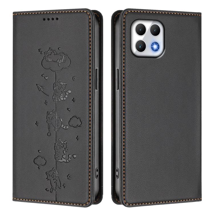 For T-Mobile REVVL 7 5G / T Phone 2 5G Cute Cats Embossed Magnetic RFID Vegan Leather Phone Case