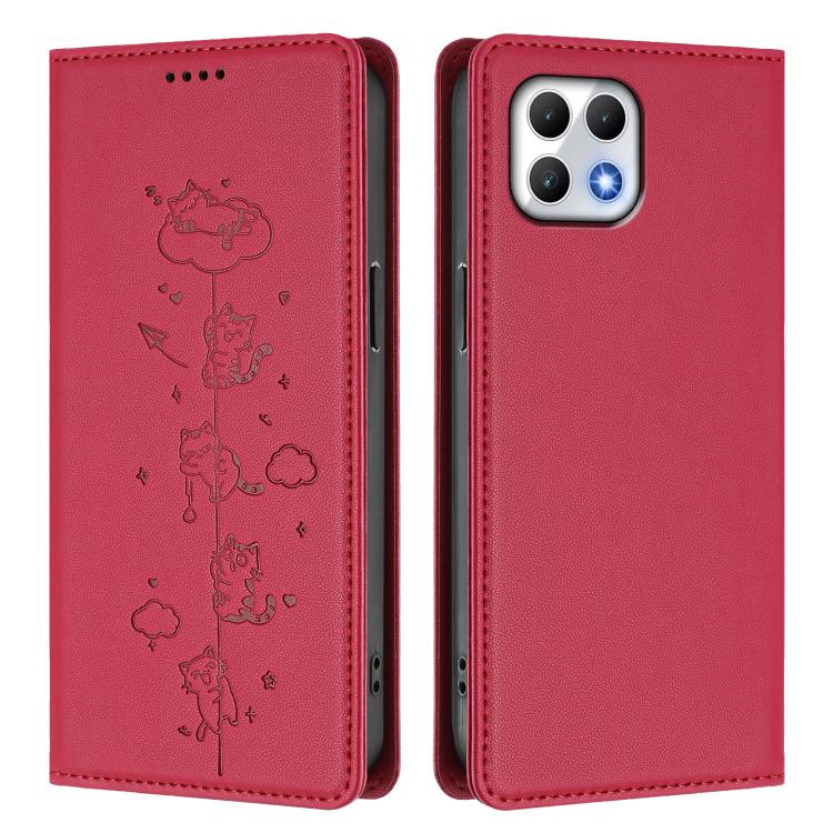 For T-Mobile REVVL 7 5G / T Phone 2 5G Cute Cats Embossed Magnetic RFID Vegan Leather Phone Case