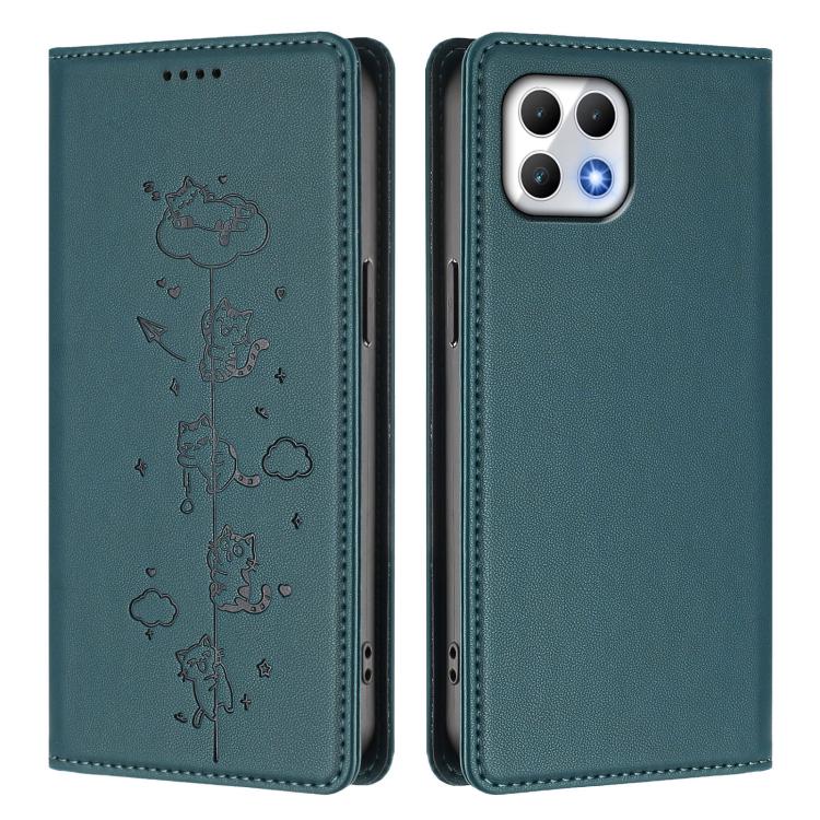 For T-Mobile REVVL 7 5G / T Phone 2 5G Cute Cats Embossed Magnetic RFID Vegan Leather Phone Case
