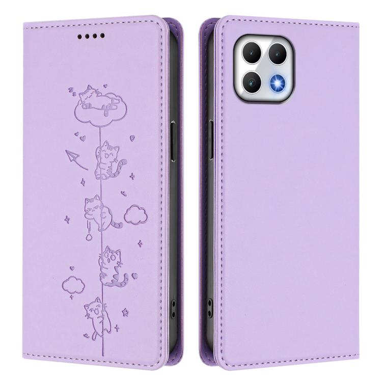 For T-Mobile REVVL 7 5G / T Phone 2 5G Cute Cats Embossed Magnetic RFID Vegan Leather Phone Case
