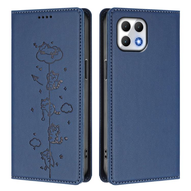 For T-Mobile REVVL 7 5G / T Phone 2 5G Cute Cats Embossed Magnetic RFID Vegan Leather Phone Case