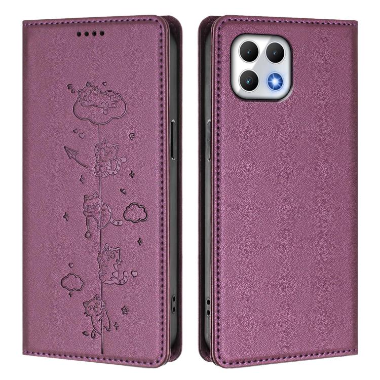 For T-Mobile REVVL 7 5G / T Phone 2 5G Cute Cats Embossed Magnetic RFID Vegan Leather Phone Case