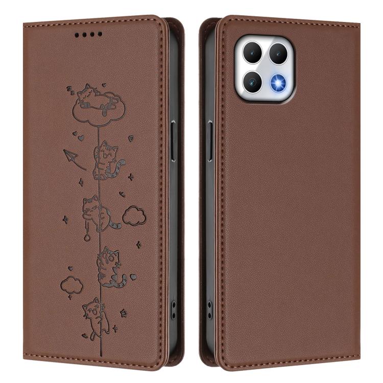 For T-Mobile REVVL 7 5G / T Phone 2 5G Cute Cats Embossed Magnetic RFID Vegan Leather Phone Case