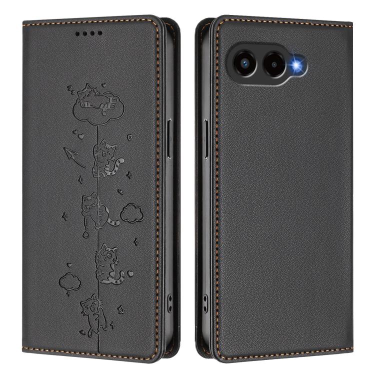 For T-Mobile REVVL 8 5G / T Phone 3 Cute Cats Embossed Magnetic RFID Vegan Leather Phone Case