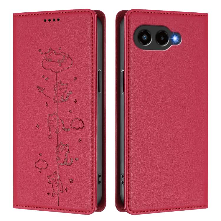 For T-Mobile REVVL 8 5G / T Phone 3 Cute Cats Embossed Magnetic RFID Vegan Leather Phone Case