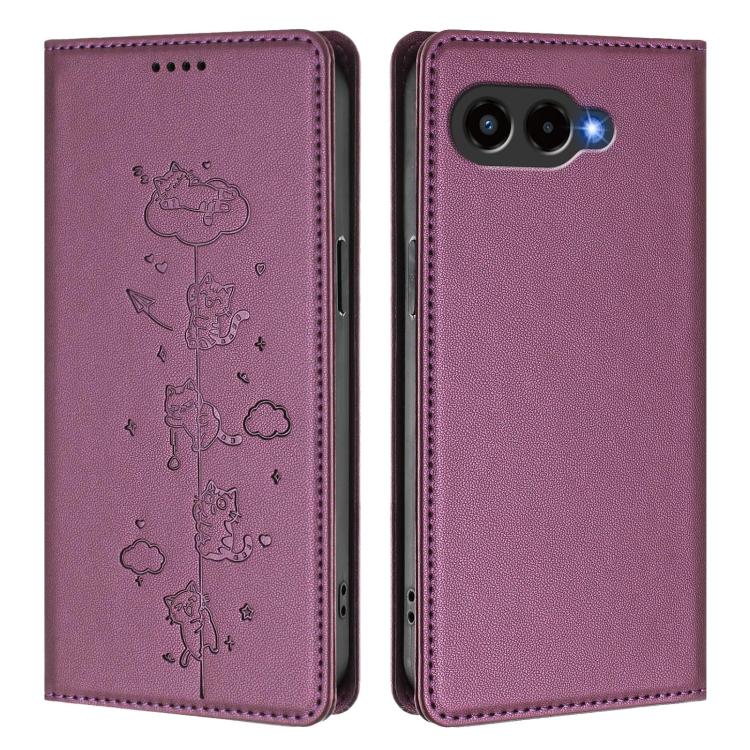 For T-Mobile REVVL 8 5G / T Phone 3 Cute Cats Embossed Magnetic RFID Vegan Leather Phone Case