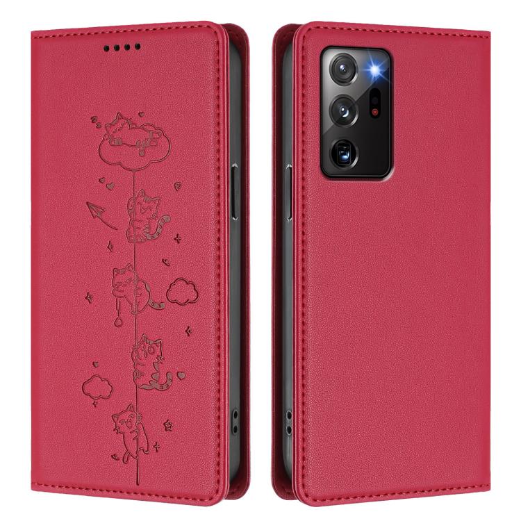 For Samsung Galaxy Note20 Ultra Cute Cats Embossed Magnetic RFID Vegan Leather Phone Case