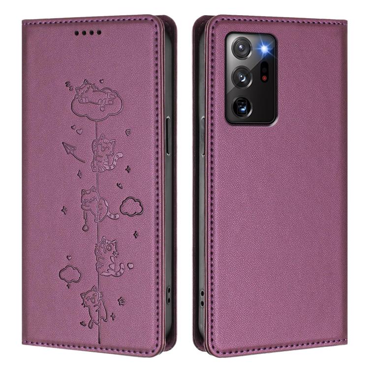 For Samsung Galaxy Note20 Ultra Cute Cats Embossed Magnetic RFID Vegan Leather Phone Case