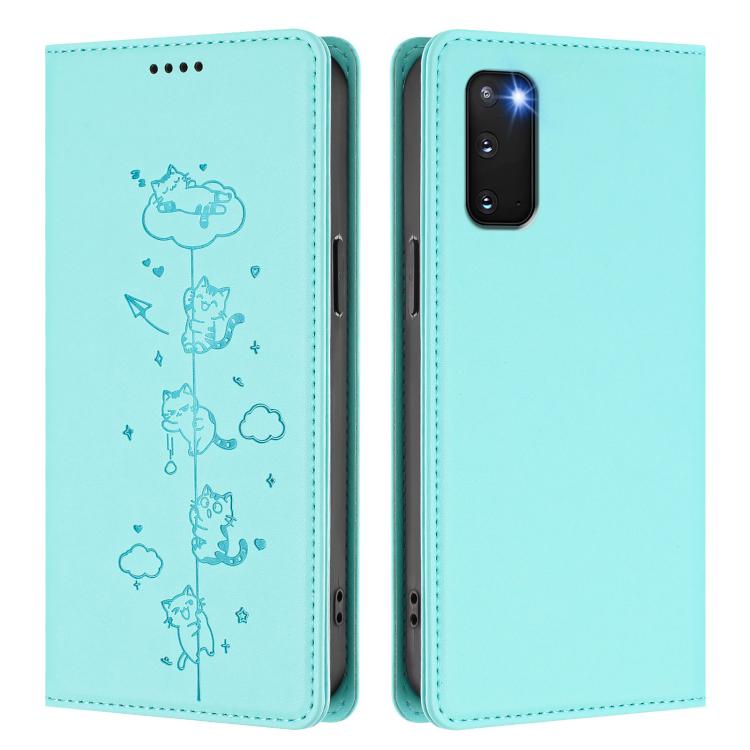For Samsung Galaxy S20 Cute Cats Embossed Magnetic RFID Vegan Leather Phone Case