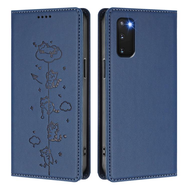 For Samsung Galaxy S20 Cute Cats Embossed Magnetic RFID Vegan Leather Phone Case
