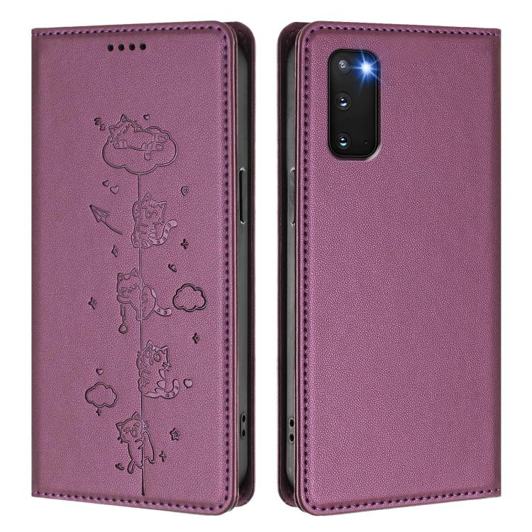 For Samsung Galaxy S20 Cute Cats Embossed Magnetic RFID Vegan Leather Phone Case