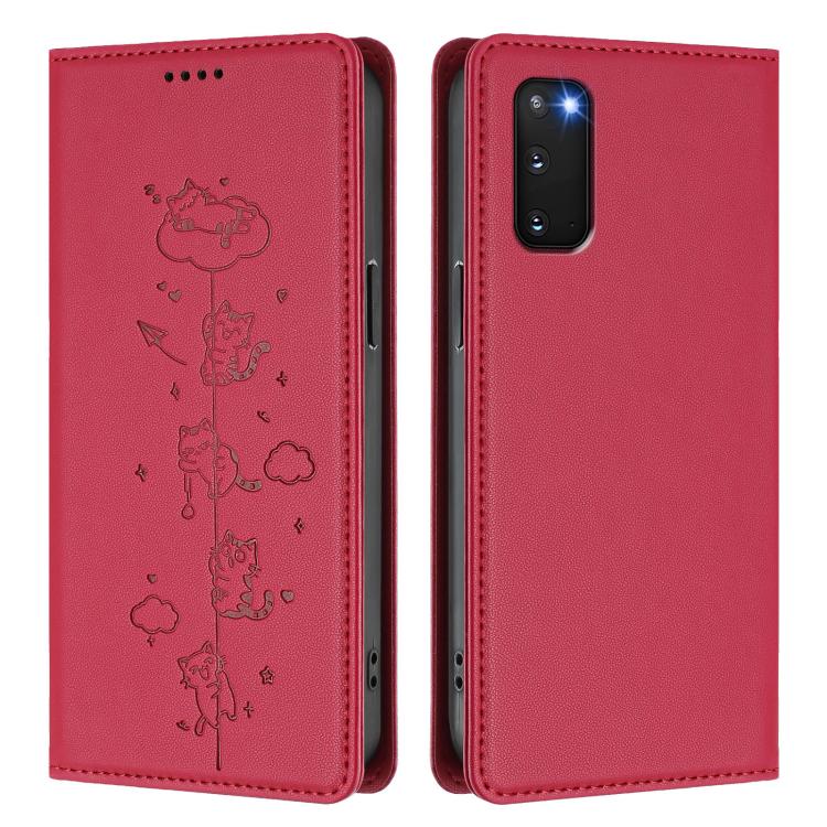 For Samsung Galaxy S20 FE Cute Cats Embossed Magnetic RFID Vegan Leather Phone Case