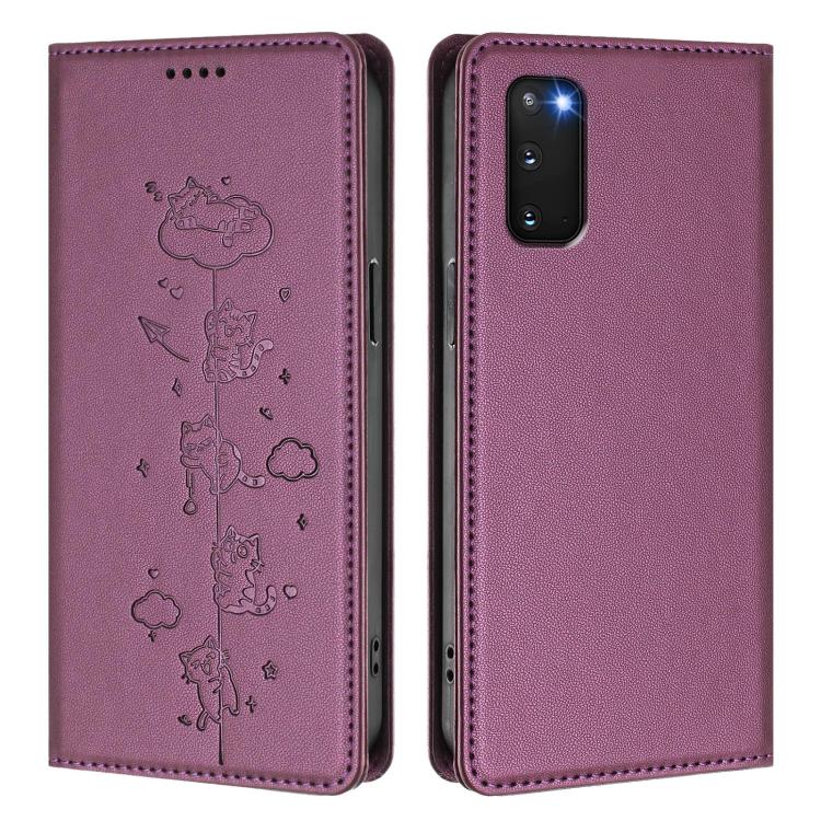 For Samsung Galaxy S20 FE Cute Cats Embossed Magnetic RFID Vegan Leather Phone Case