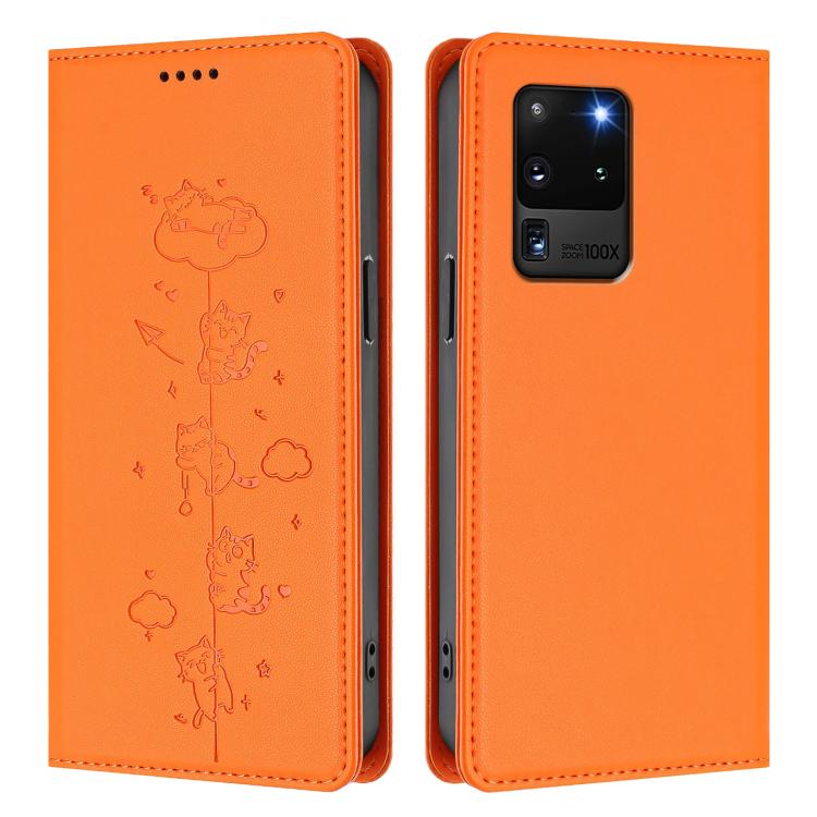 For Samsung Galaxy S20 Ultra Cute Cats Embossed Magnetic RFID Vegan Leather Phone Case