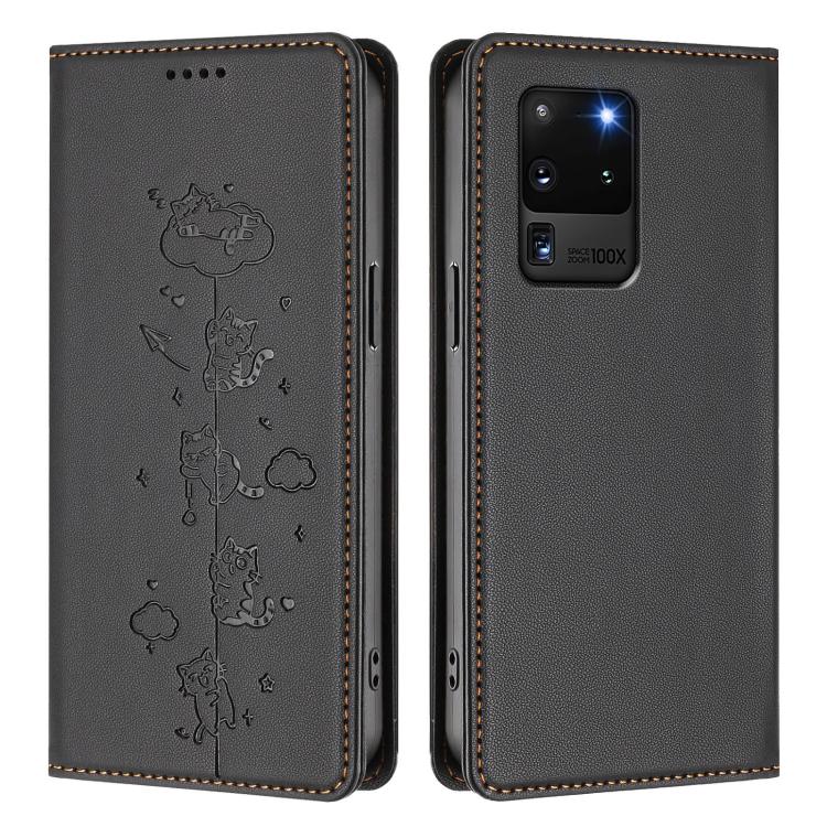 For Samsung Galaxy S20 Ultra Cute Cats Embossed Magnetic RFID Vegan Leather Phone Case
