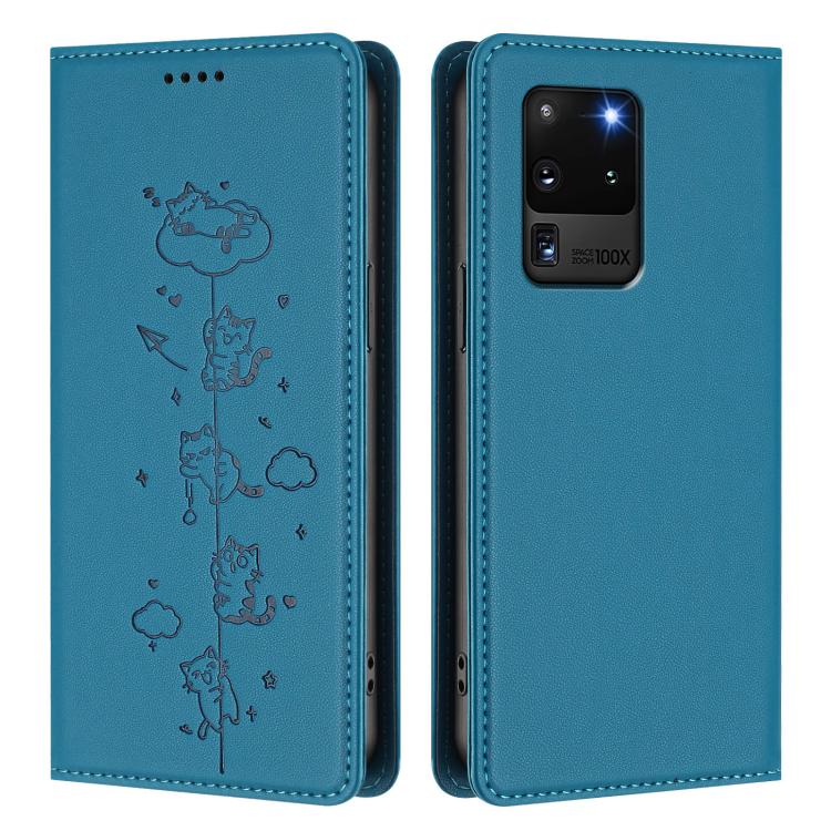For Samsung Galaxy S20 Ultra Cute Cats Embossed Magnetic RFID Vegan Leather Phone Case