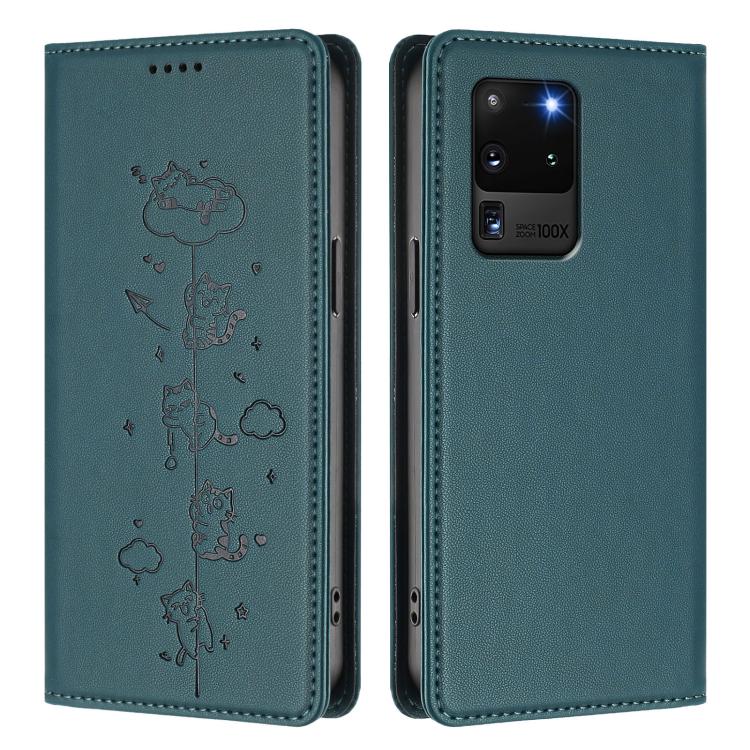 For Samsung Galaxy S20 Ultra Cute Cats Embossed Magnetic RFID Vegan Leather Phone Case