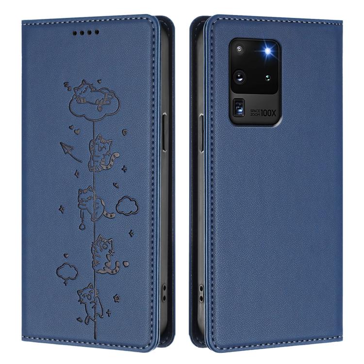 For Samsung Galaxy S20 Ultra Cute Cats Embossed Magnetic RFID Vegan Leather Phone Case