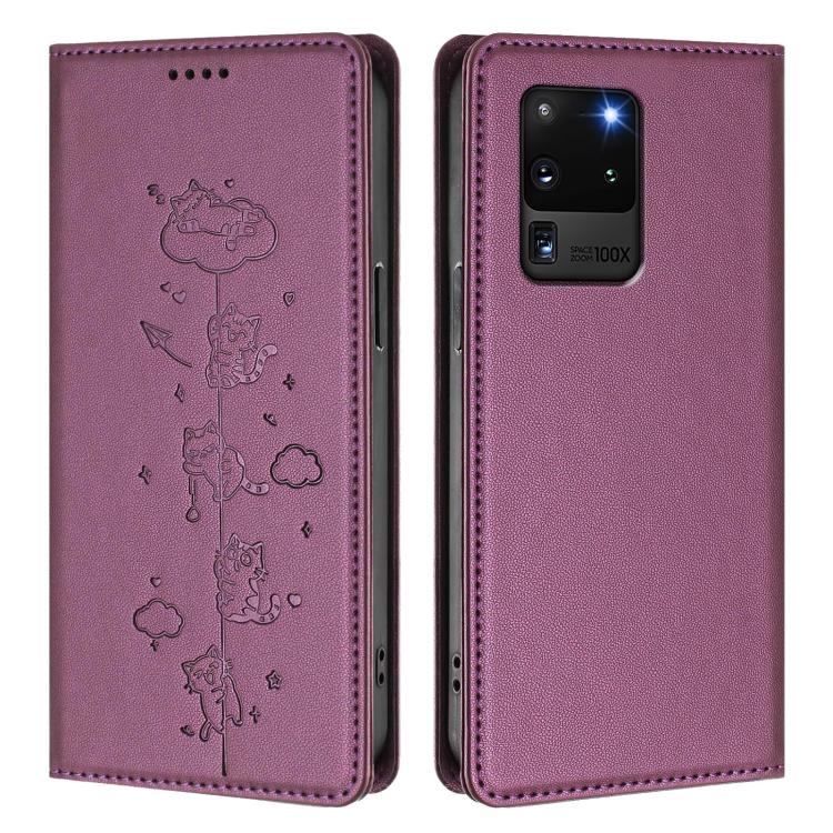 For Samsung Galaxy S20 Ultra Cute Cats Embossed Magnetic RFID Vegan Leather Phone Case