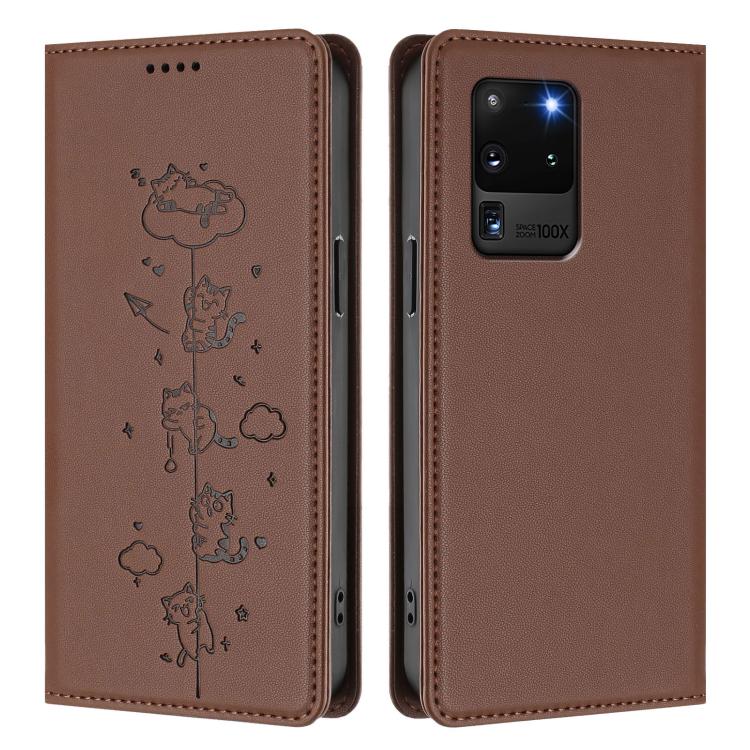 For Samsung Galaxy S20 Ultra Cute Cats Embossed Magnetic RFID Vegan Leather Phone Case