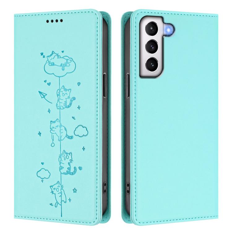 For Samsung Galaxy S21 5G Cute Cats Embossed Magnetic RFID Vegan Leather Phone Case