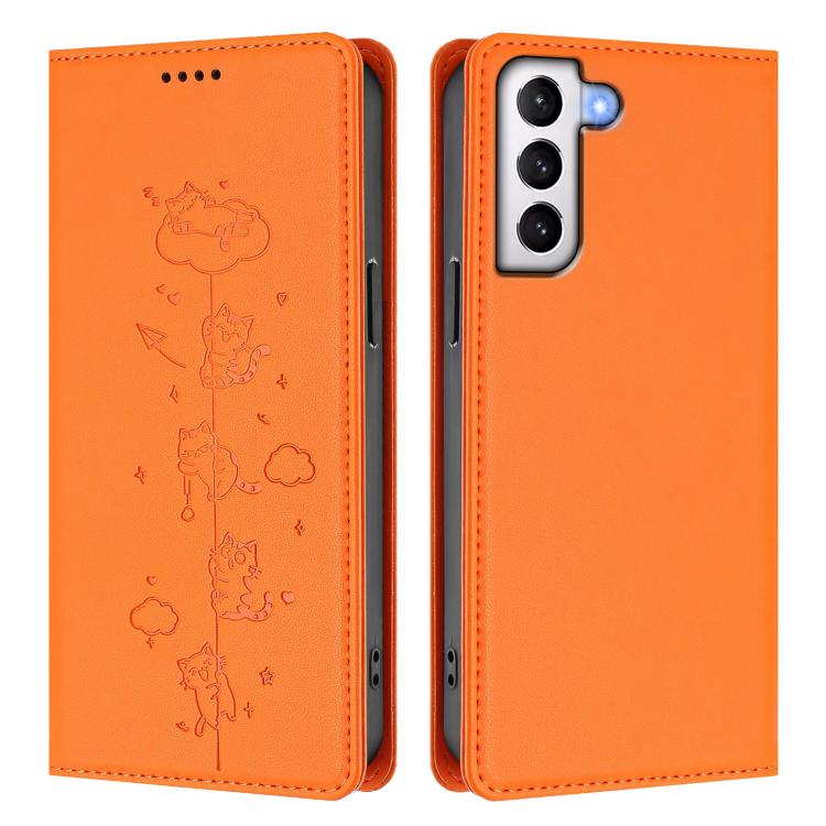 For Samsung Galaxy S21 5G Cute Cats Embossed Magnetic RFID Vegan Leather Phone Case