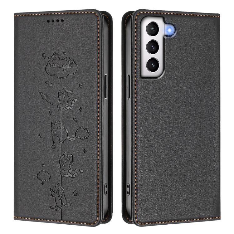For Samsung Galaxy S21 5G Cute Cats Embossed Magnetic RFID Vegan Leather Phone Case