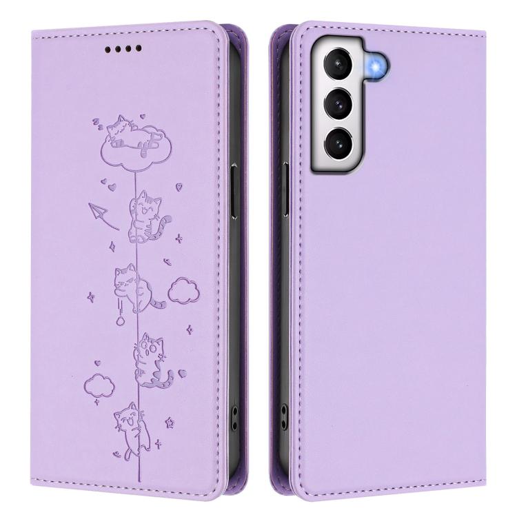 For Samsung Galaxy S21 5G Cute Cats Embossed Magnetic RFID Vegan Leather Phone Case