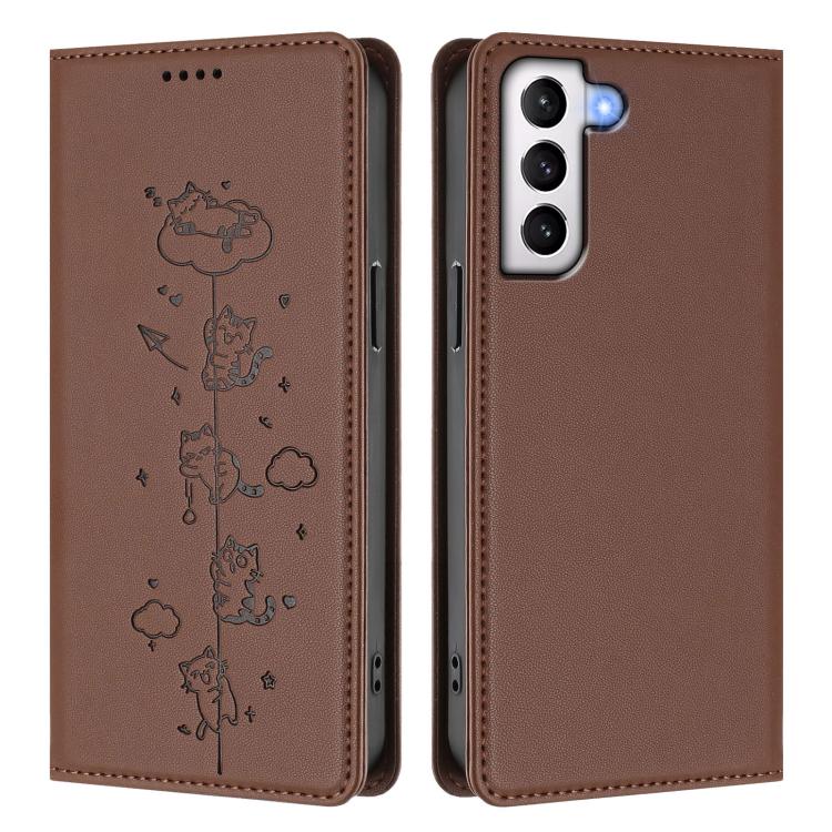 For Samsung Galaxy S21 5G Cute Cats Embossed Magnetic RFID Vegan Leather Phone Case
