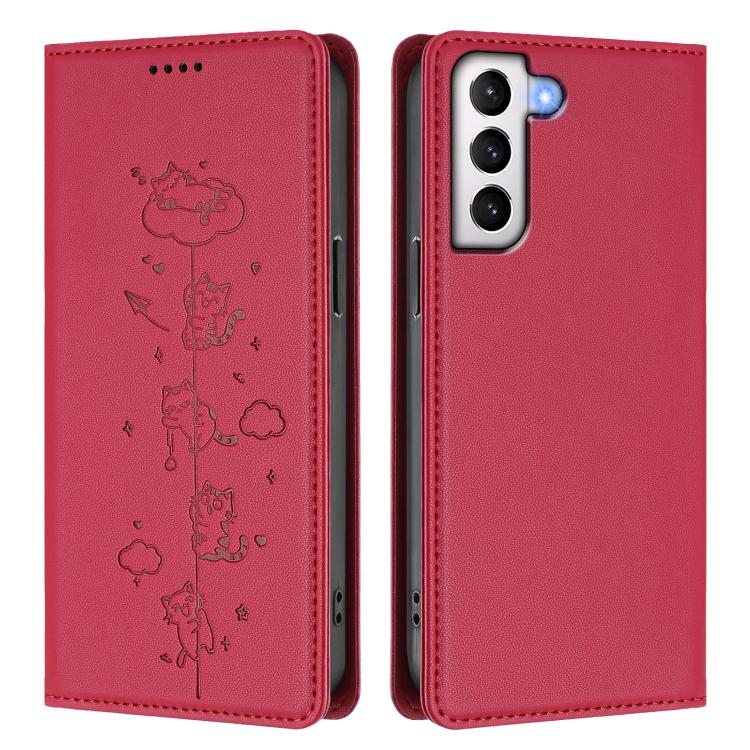 For Samsung Galaxy S21 FE 5G Cute Cats Embossed Magnetic RFID Vegan Leather Phone Case