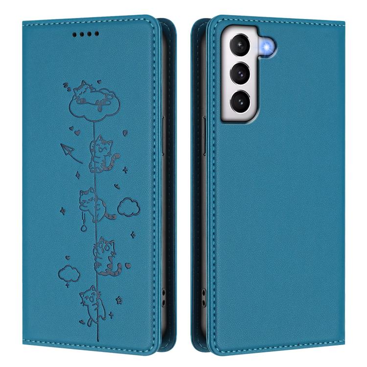 For Samsung Galaxy S21 FE 5G Cute Cats Embossed Magnetic RFID Vegan Leather Phone Case