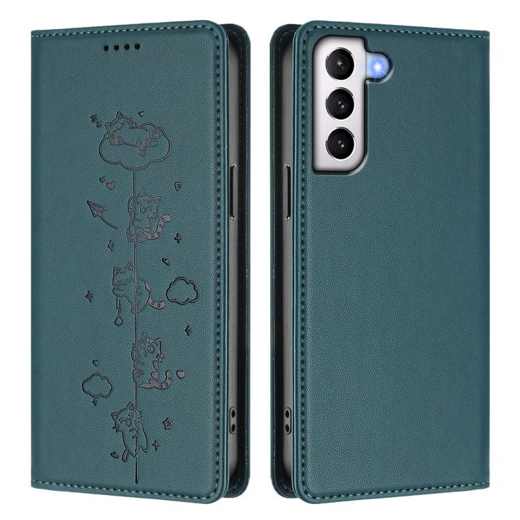 For Samsung Galaxy S21 FE 5G Cute Cats Embossed Magnetic RFID Vegan Leather Phone Case