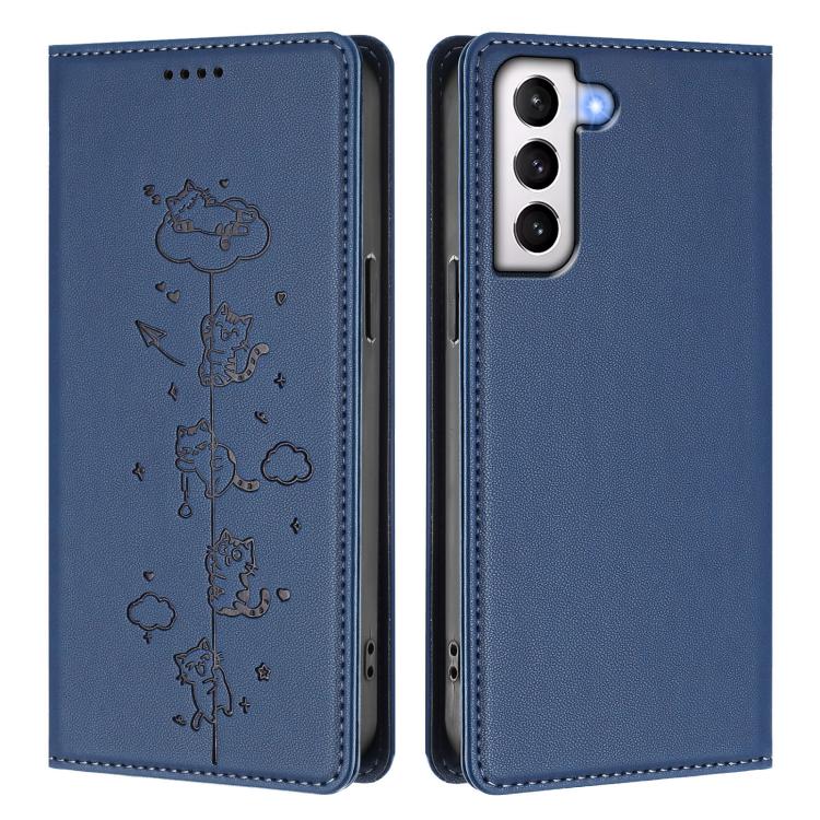 For Samsung Galaxy S21 FE 5G Cute Cats Embossed Magnetic RFID Vegan Leather Phone Case