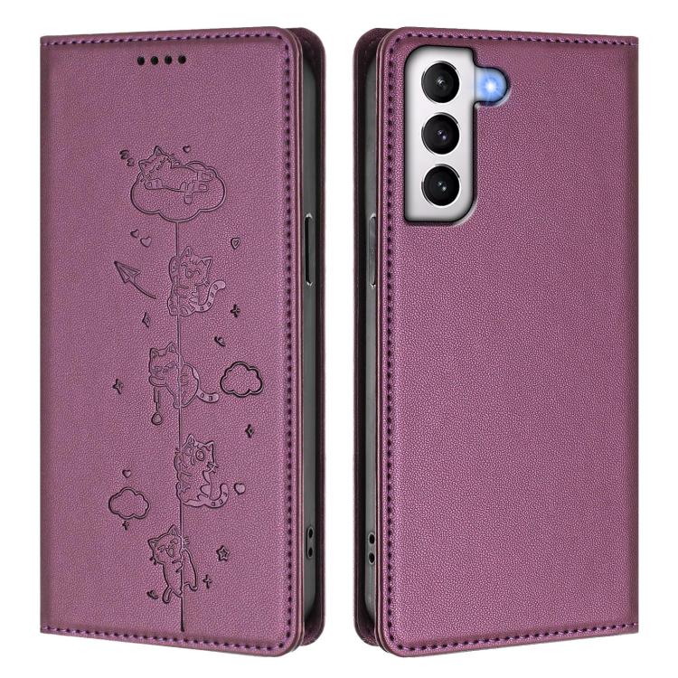 For Samsung Galaxy S21 FE 5G Cute Cats Embossed Magnetic RFID Vegan Leather Phone Case
