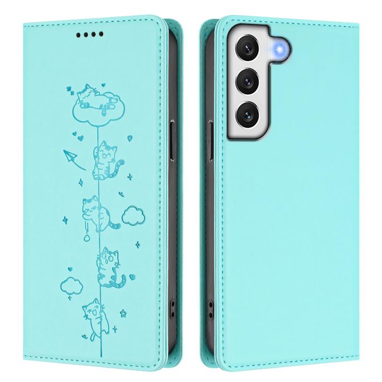 For Samsung Galaxy S22+ 5G Cute Cats Embossed Magnetic RFID Vegan Leather Phone Case