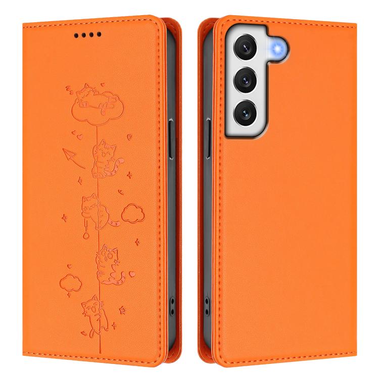 For Samsung Galaxy S22+ 5G Cute Cats Embossed Magnetic RFID Vegan Leather Phone Case