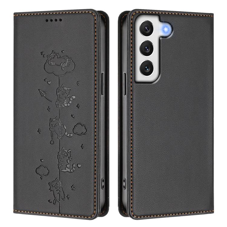 For Samsung Galaxy S22+ 5G Cute Cats Embossed Magnetic RFID Vegan Leather Phone Case