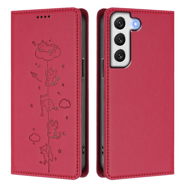 For Samsung Galaxy S22+ 5G Cute Cats Embossed Magnetic RFID Vegan Leather Phone Case