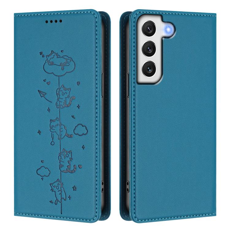 For Samsung Galaxy S22+ 5G Cute Cats Embossed Magnetic RFID Vegan Leather Phone Case