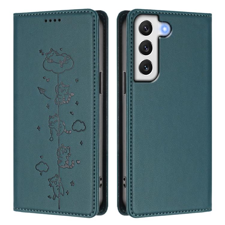 For Samsung Galaxy S22+ 5G Cute Cats Embossed Magnetic RFID Vegan Leather Phone Case