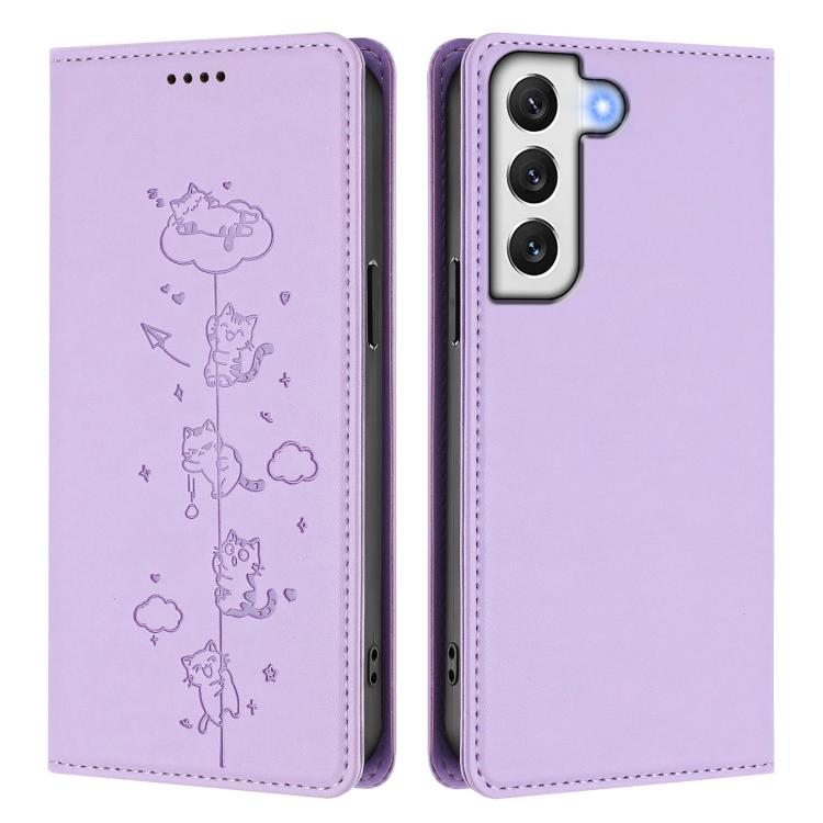 For Samsung Galaxy S22+ 5G Cute Cats Embossed Magnetic RFID Vegan Leather Phone Case