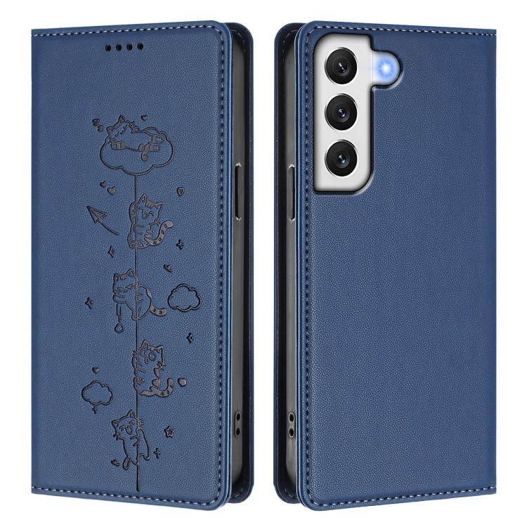 For Samsung Galaxy S22+ 5G Cute Cats Embossed Magnetic RFID Vegan Leather Phone Case