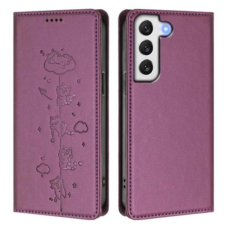 For Samsung Galaxy S22+ 5G Cute Cats Embossed Magnetic RFID Vegan Leather Phone Case