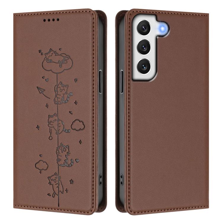For Samsung Galaxy S22+ 5G Cute Cats Embossed Magnetic RFID Vegan Leather Phone Case