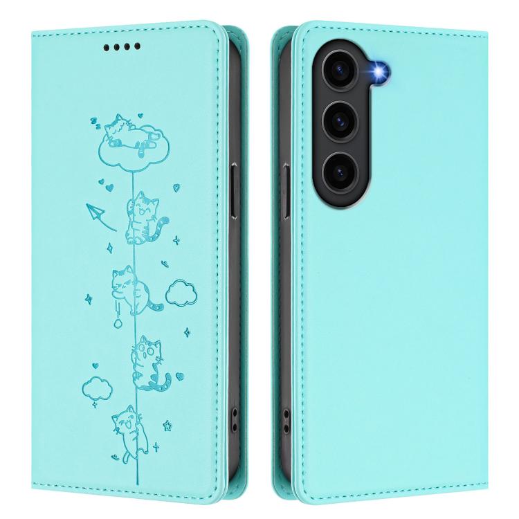 For Samsung Galaxy S23+ 5G Cute Cats Embossed Magnetic RFID Vegan Leather Phone Case