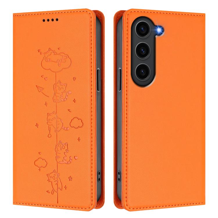 For Samsung Galaxy S23+ 5G Cute Cats Embossed Magnetic RFID Vegan Leather Phone Case
