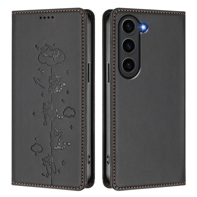 For Samsung Galaxy S23+ 5G Cute Cats Embossed Magnetic RFID Vegan Leather Phone Case