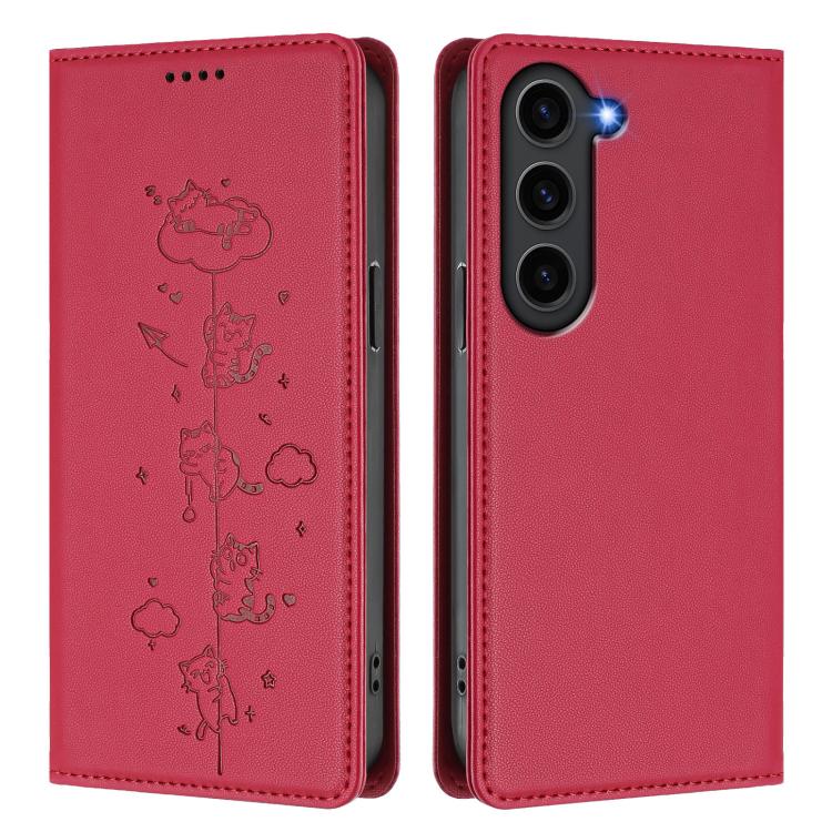 For Samsung Galaxy S23+ 5G Cute Cats Embossed Magnetic RFID Vegan Leather Phone Case